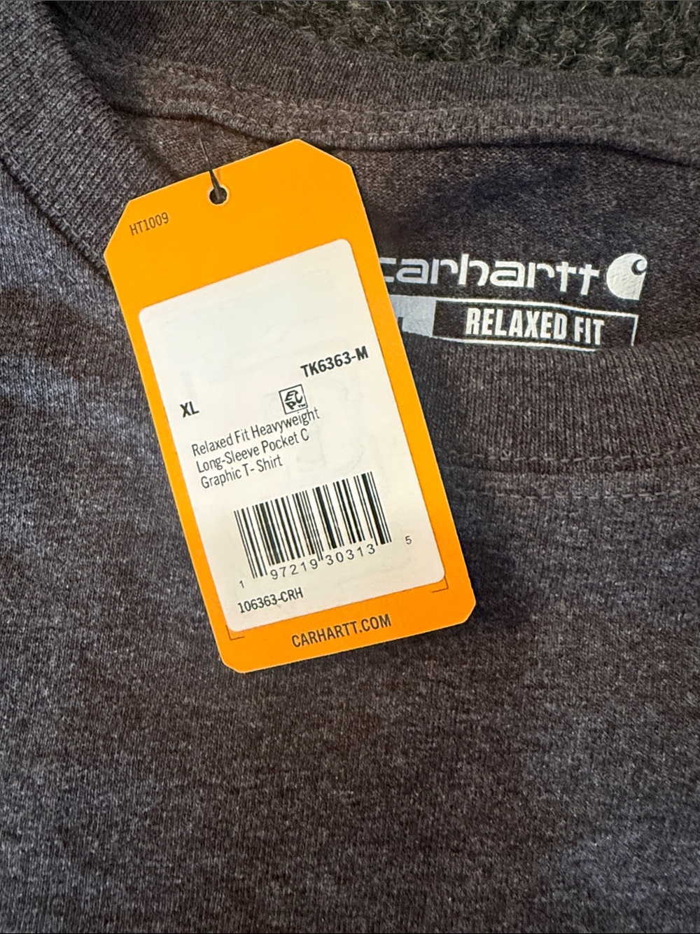 NWT Carhartt Men’s Charcoal Gray Crewneck Pocket long sleeve tee - Picture 3 of 3